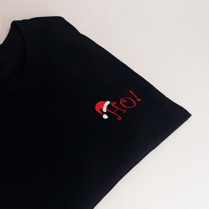 HO!  CHRISTMAS EMBROIDERY BLACK T-SHIRTS